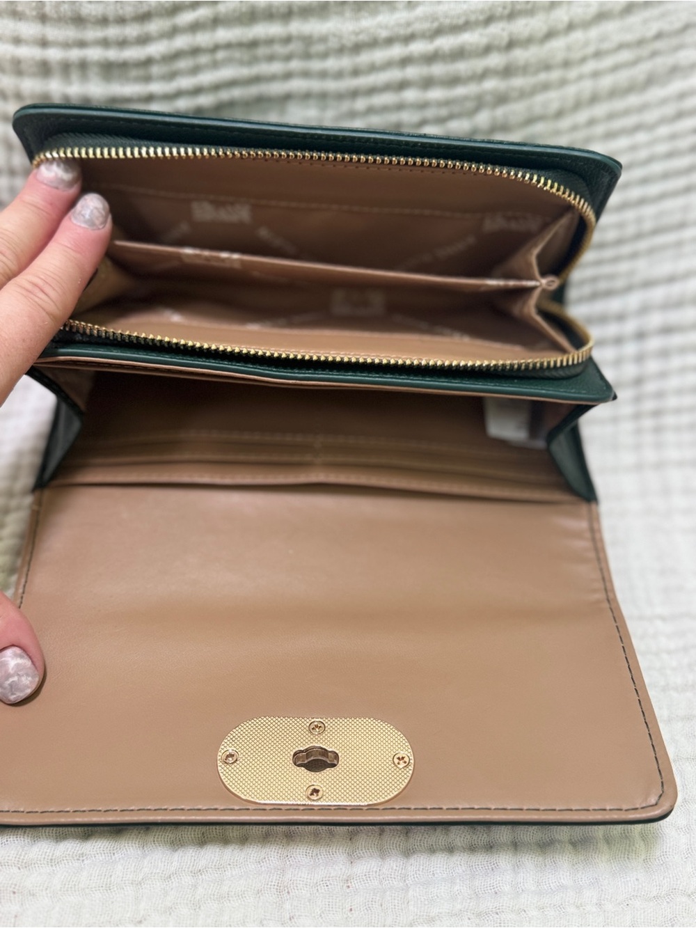 Anne Klein Dark Green Leather Wallet with Gold Turn-Lock - Picture 5 of 5